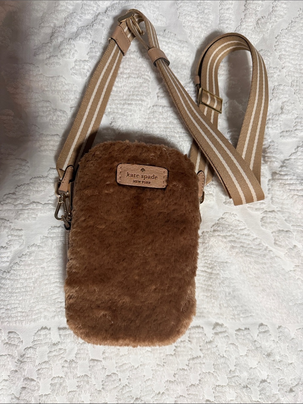 kate spade Brown Faux Fur Crossbody Phone Bag with Striped Strap